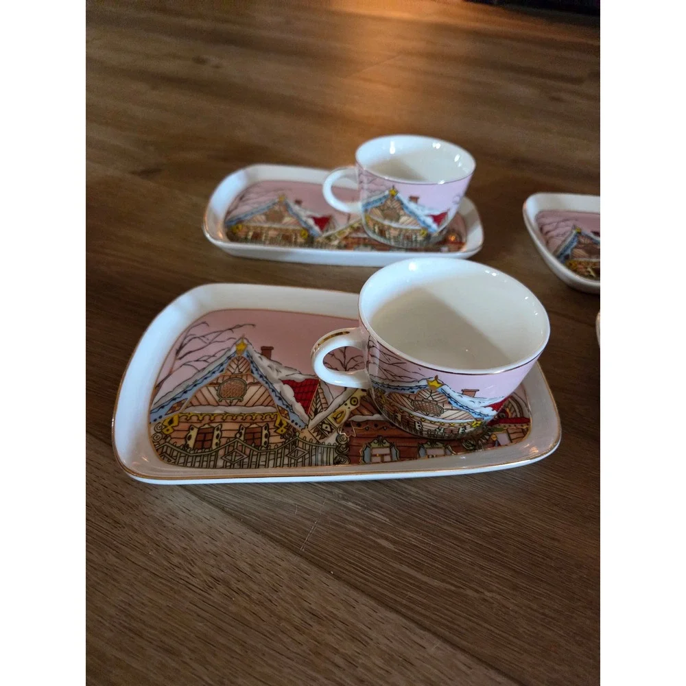 Grace Fine Ceramic Gingerbread House Tea Set‎ 4 Cups 4 Rectangular Plates Pink